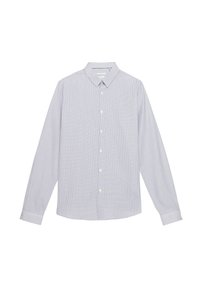 Lange mouwen shirt in lichtblauw met witte verticale strepen, met een button-down kraag, recht hem en manchetten.