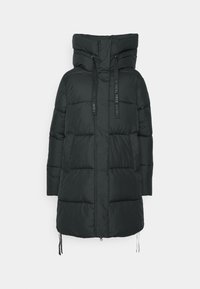 Black puffer coat with a high collar, large hood, and drawstring accents. Made from smooth, quilted material with two side pockets.