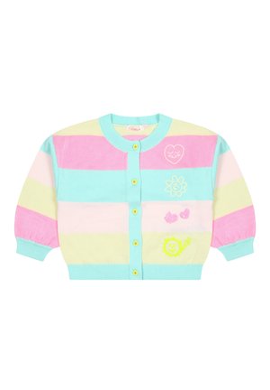 Cardigan tricoté avec des rayures horizontales en bleu clair, rose, jaune et blanc, orné de motifs brodés et de boutons jaunes.