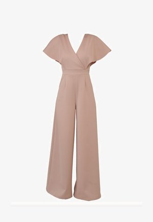 Roze jumpsuit met een V-hals, brede mouwen en een getailleerde taille. Gemaakt van een gladde stof met een losse, wijde pasvorm en nette naden.