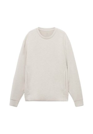 Sudadera de color beige claro con mangas largas, cuello redondeado y bolsillos laterales. Textura suave, corte relajado y sin patrones ni acentos visibles.