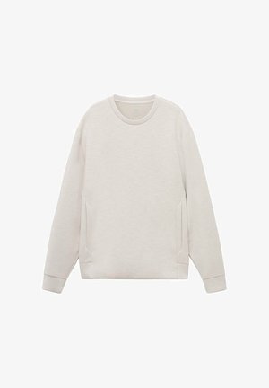 Sudadera de color beige claro con mangas largas, cuello redondeado y bolsillos laterales. Textura suave, corte relajado y sin patrones ni acentos visibles.