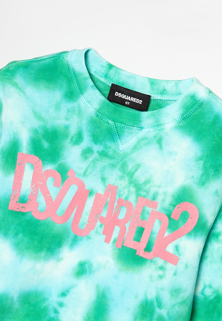 Felpa verde tie-dye con collo a giro e logo "DSQUARED2" in rosa sfilacciato. Realizzata in morbido cotone, adatta per bambini.