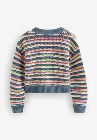 Randig virkad tröja i grått med flerfärgade horisontella ränder. Kort design med ribbade muddar och nederkant. Strukturerad söm.