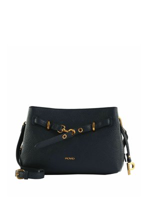 Sac à bandoulière en cuir noir texturé avec quincaillerie dorée, bandoulière réglable et petit logo "Picard" au centre avant.