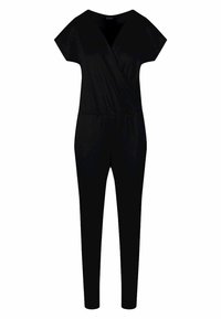 Combinaison noire à manches courtes, design à nouer devant, taille élastique et jambes fuselées. Confectionnée dans un tissu lisse et léger.