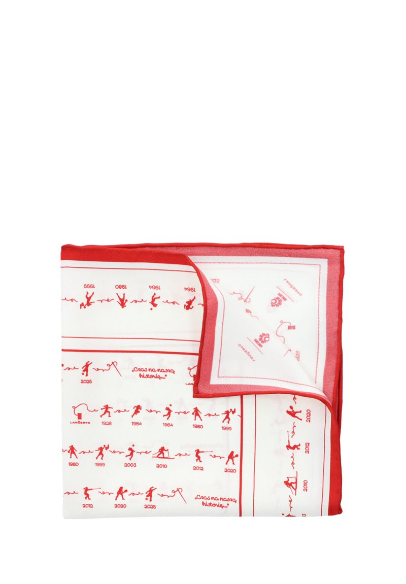 Jedwabny szalik z białym tłem i czerwonymi konturami, z wzorami postaci w różnych pozach oraz etykietami rocznymi wzdłuż brzegów. Czerwony brzeg.