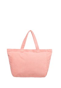 Duża różowa torba z korduroju z dwoma uchwytami i pikowaną teksturą; charakteryzuje się prostym wzornictwem i poziomym wzorem prążkowym.
