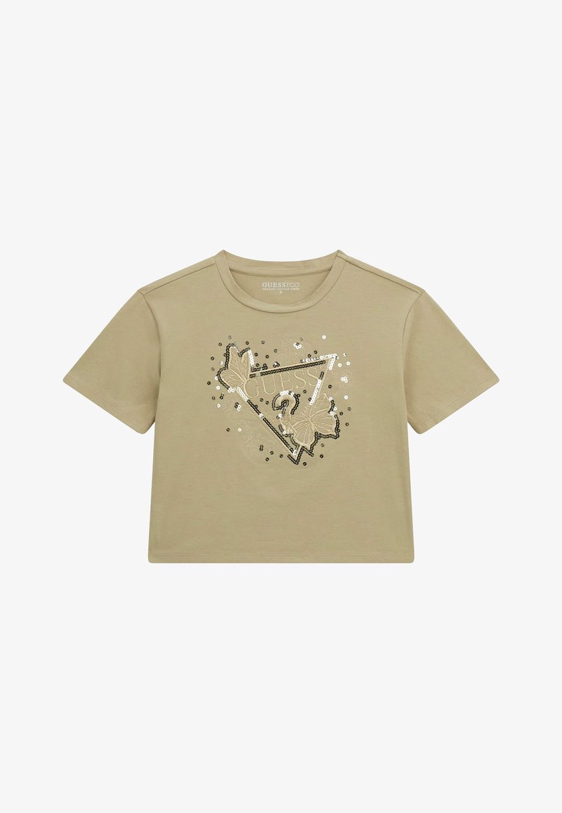 Šviesiai beige trumpomis rankovėmis marškinėliai su trikampiu grafiniu piešiniu, dekoruoti blizgučiais ir lapų detalėmis, su apvalia iškirpte ir laisvu siluetu.