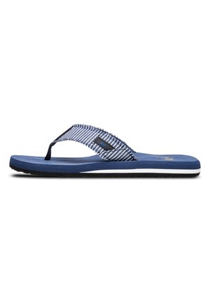Blue flip-flop with a textured strap featuring white stripes. Soft sole with a blue base and black rubber outsole; minimalistic design.