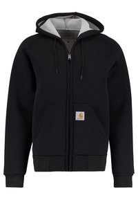 Sudadera con cremallera negra y forro gris, con bolsillos delanteros y puños acanalados. Presenta una pequeña etiqueta de logo naranja en la parte frontal. Textura de tela suave.