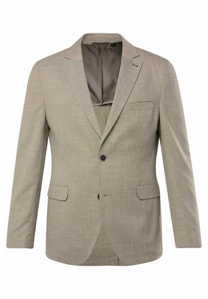 Light grey blazer with a textured fabric, notched lapels, two front pockets, single button closure, and subtle stitching detail.