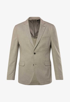 Hellgrauer Blazer aus strukturiertem Stoff, mit Reverskragen, zwei Fronttaschen, einfacher Knopfverschluss und feinen Stichdetails.