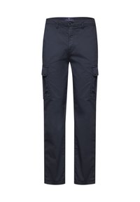 Navy blue cargo pants made of cotton, featuring two side pockets, a straight fit, and a zip fly with button closure.