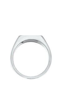 Silver, polerat metalring med en rundad bygel och en platt, något upphöjd topp. Slät yta utan utsmyckningar eller mönster.