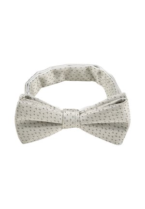 Lichtgrijze strik met een subtiel gestippeld patroon, voorgestrikt met een verstelbare nekband tegen een witte achtergrond.