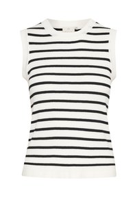 Sleeveless ribbed sweater in black and white horizontal stripes, featuring a round neck and a fitted silhouette. Made of soft knit material.