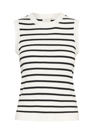 Mikser bez rukava u crno-bijelim vodoravnim prugama, s okruglim izrezom i tijesnim siluetom. Izrađen od mekanog pletenog materijala.