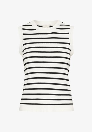 Mikser bez rukava u crno-bijelim vodoravnim prugama, s okruglim izrezom i tijesnim siluetom. Izrađen od mekanog pletenog materijala.