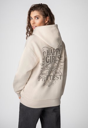 Beige hoodie with a drawstring hood, featuring a large printed graphic on the back in dark gray. Soft fabric with ribbed cuffs and hem.