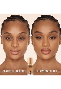 Airbrush foundation bottle displayed between two facial images, showing varied skin texture; left side appears natural, right side appears smooth and flawless.