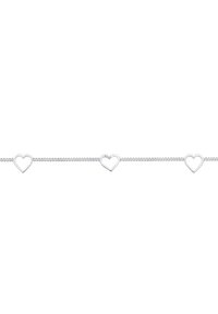 Sølv kædearmbånd med tre åbne hjerteformer, der er jævnt fordelt langs kæden, glat tekstur, minimalistisk design.