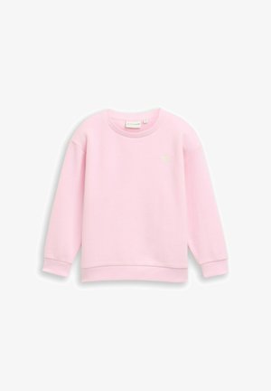 Hellrosa Langarm-Sweatshirt mit Rundhalsausschnitt, gerippten Bündchen und Saum, mit einem kleinen Herzdetail auf der oberen linken Brust.