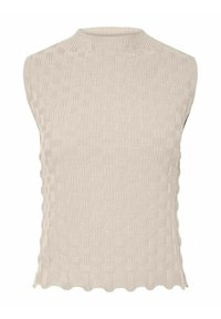 Top sin mangas en tela de punto beige claro, con un patrón texturizado y un dobladillo con puntas. Diseño de cuello redondo alto.