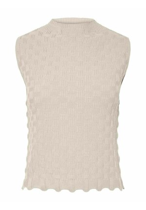 Ärmlös topp i ljusbeige trikå med ett strukturerat mönster och vågig nederkant. Hög rund halsringning.
