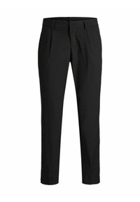 Svarta byxor i tyg med rak benmodell, platt front och två sidofickor. Inga synliga mönster eller metalldetaljer.