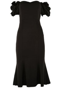 Robe noire ajustée avec des manches bouffantes, texture lisse, ourlet à hauteur du genou et jupe légèrement évasée. Corsage structuré, design minimaliste.