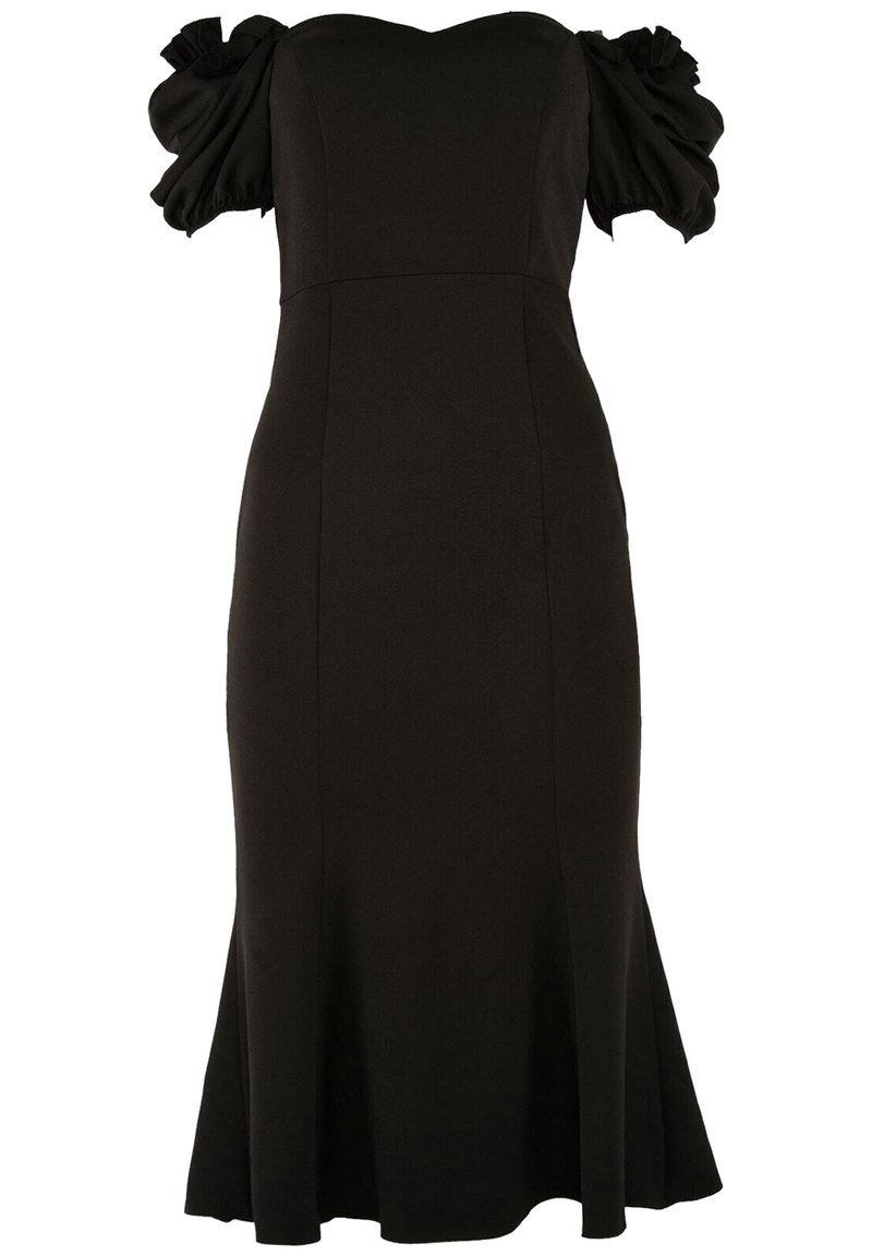 Robe noire ajustée avec des manches bouffantes, texture lisse, ourlet à hauteur du genou et jupe légèrement évasée. Corsage structuré, design minimaliste.