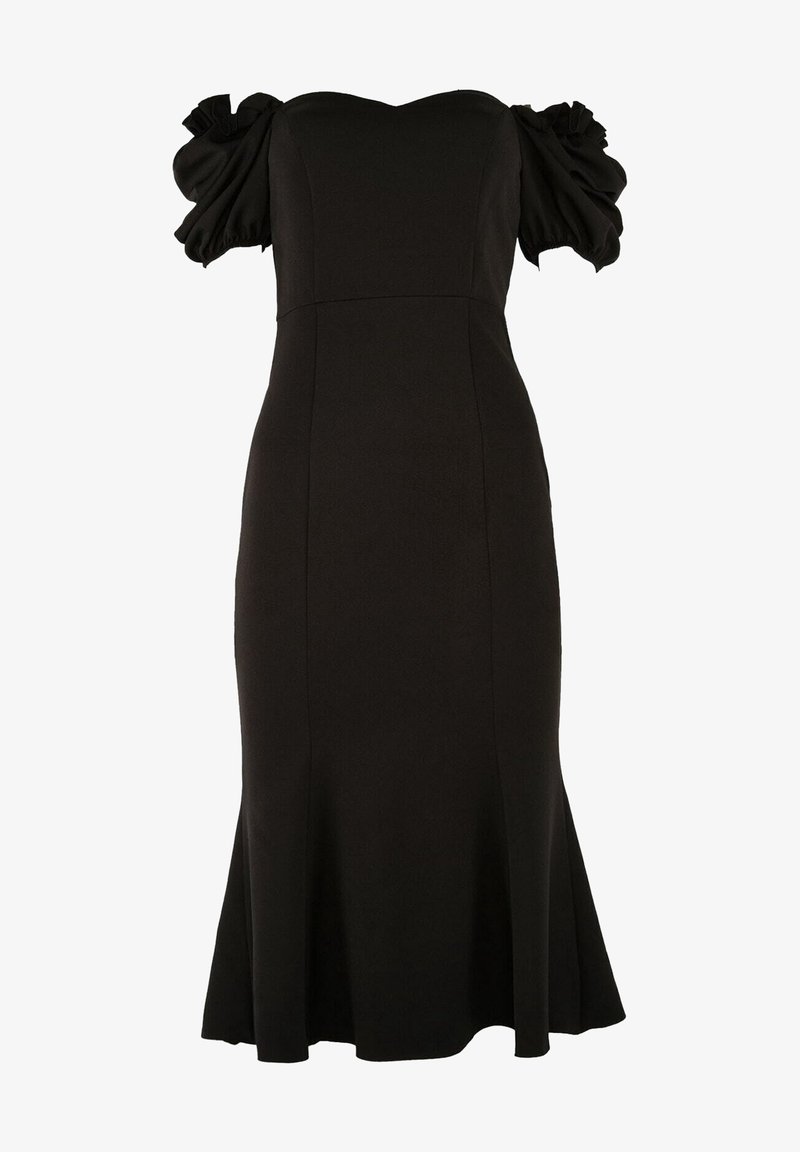 Robe noire ajustée avec des manches bouffantes, texture lisse, ourlet à hauteur du genou et jupe légèrement évasée. Corsage structuré, design minimaliste.