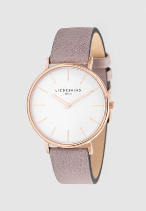 Ronde witte wijzerplaat met roségouden markers en wijzers, beige gestructureerde leren band en het logo "Liebeskind Berlin".