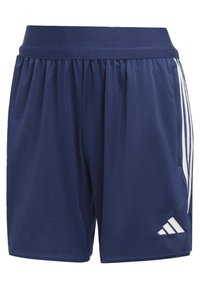 Pantaloni sportivi navy in tessuto liscio, con vita elastica, strisce bianche laterali e un logo bianco sul lato anteriore inferiore.