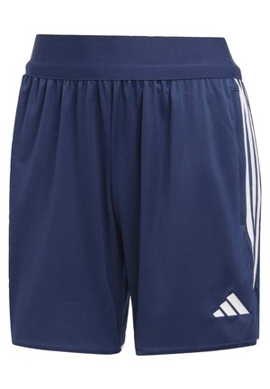 Marineblauwe sportieve shorts gemaakt van gladde stof, met een elastische tailleband, witte zijkanten en een wit logo op de onderaan voorzijde.