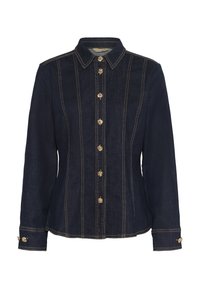 Veste en denim bleu foncé avec des manches longues, des détails en boutons dorés et des coutures contrastantes, présentant un col et une coupe ajustée.