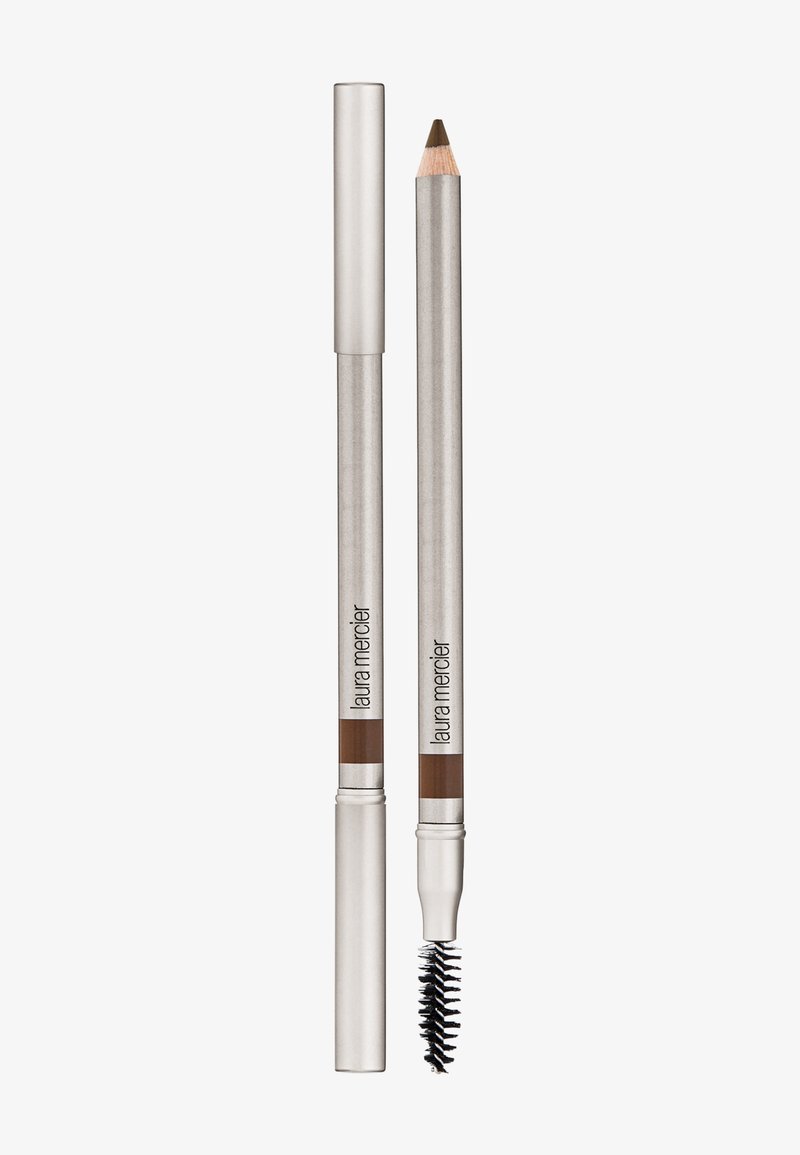 To-delt øyenbrynspenn; metallkapsling; lysebrun pennespiss med fin spiss; motsatt ende har en spiralbørste for blending.