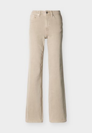 Beige high-waisted jeans with front button and zipper, five pockets, and a slightly flared leg on a plain background.