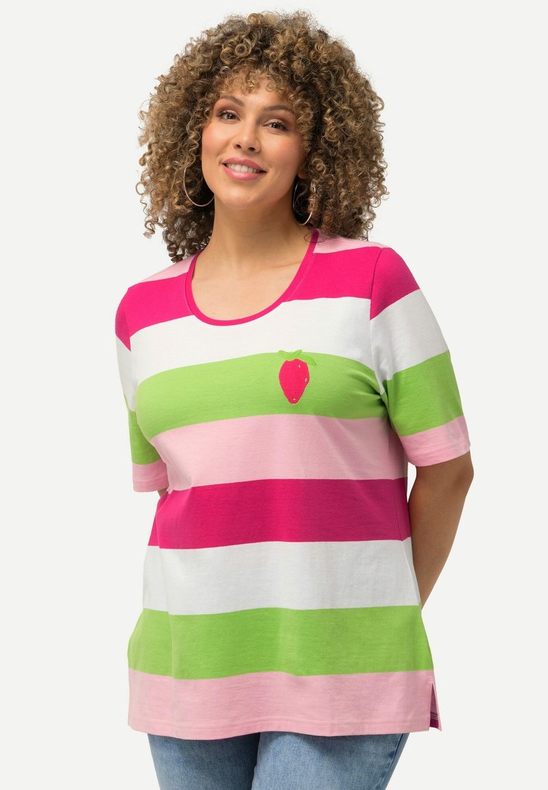 Ulla Popken STRIPED EMBROIDERED LOGO SHORT SLEEVE  - Triko s potiskem - fuchsia pink