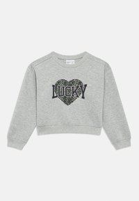 Γκρι cropped φούτερ με ραγκλάν μανίκια. Διαθέτει γραφικό με καρδιά σε λεοπάρ σχέδιο και τη λέξη «LUCKY» με έντονα μαύρα γράμματα.