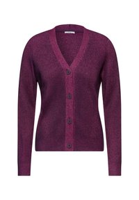Cardigan violet en maille côtelée avec manches longues, col en V et quatre boutons assortis sur le devant, étiqueté "Cecil" à l'intérieur du col.