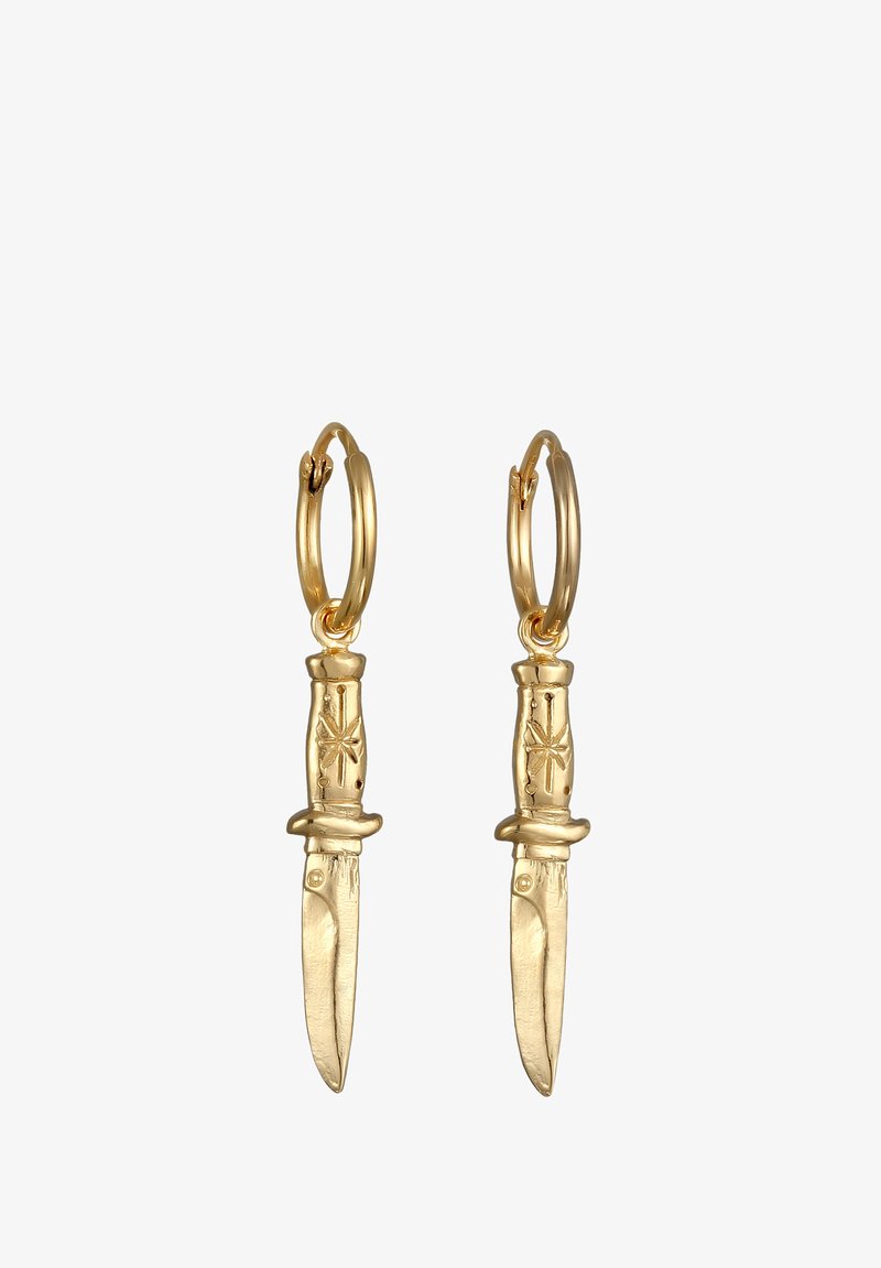 Aranyszínű fülbevalók, kis késformával, részletes markolattal és csuklós karikákkal a könnyű viselet érdekében. Simává és fényessé polírozott felület.