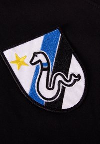 Geborduurd embleem met een gestileerde slang in het wit, versierd met een gele ster, tegen een zwart, blauw en wit schildontwerp.