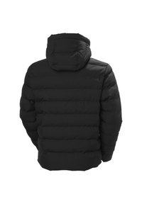 Chaqueta de plumón negra con capucha, que presenta secciones acolchadas, una textura suave y un ajuste relajado. Sin marcas ni acentos visibles.