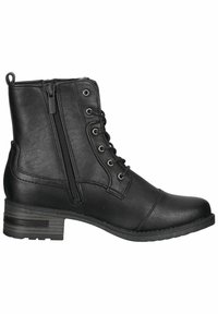 Stivale alla caviglia nero realizzato in pelle sintetica, con zip laterale, lacci frontali con occhielli in metallo e un tacco basso texturizzato.