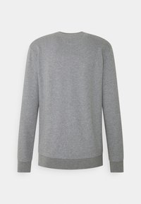 Sweat-shirt gris à manches longues et col rond vu de dos, avec poignets et ourlet côtelés, sur un fond blanc uni.