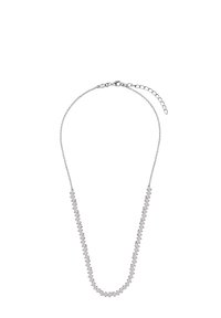 Srebrny naszyjnik z łańcuszka z rzędem okrągłych, przezroczystych kryształów i regulowanym zapięciem.