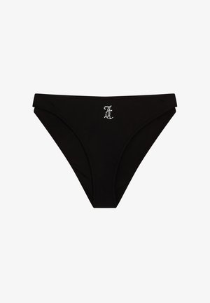 Black bikini bottom made of smooth fabric, featuring a small rhinestone logo on the front. Classic cut with moderate coverage and a seamless waistband.