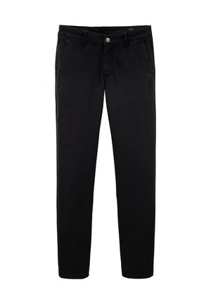 Pantalons en coton noir à coupe slim, dotés d'une fermeture à bouton, de passants de ceinture, de deux poches avant et d'une texture lisse.